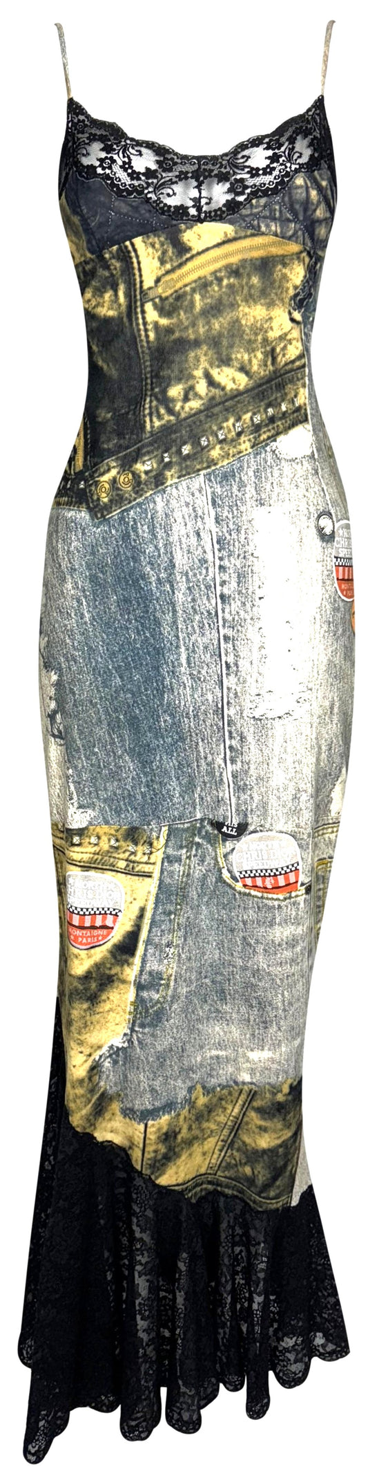 F/W 2001 Christian Dior by John Galliano RARE Trompe L'oeil Leather Mermaid Maxi Dress w Black Lace Trim