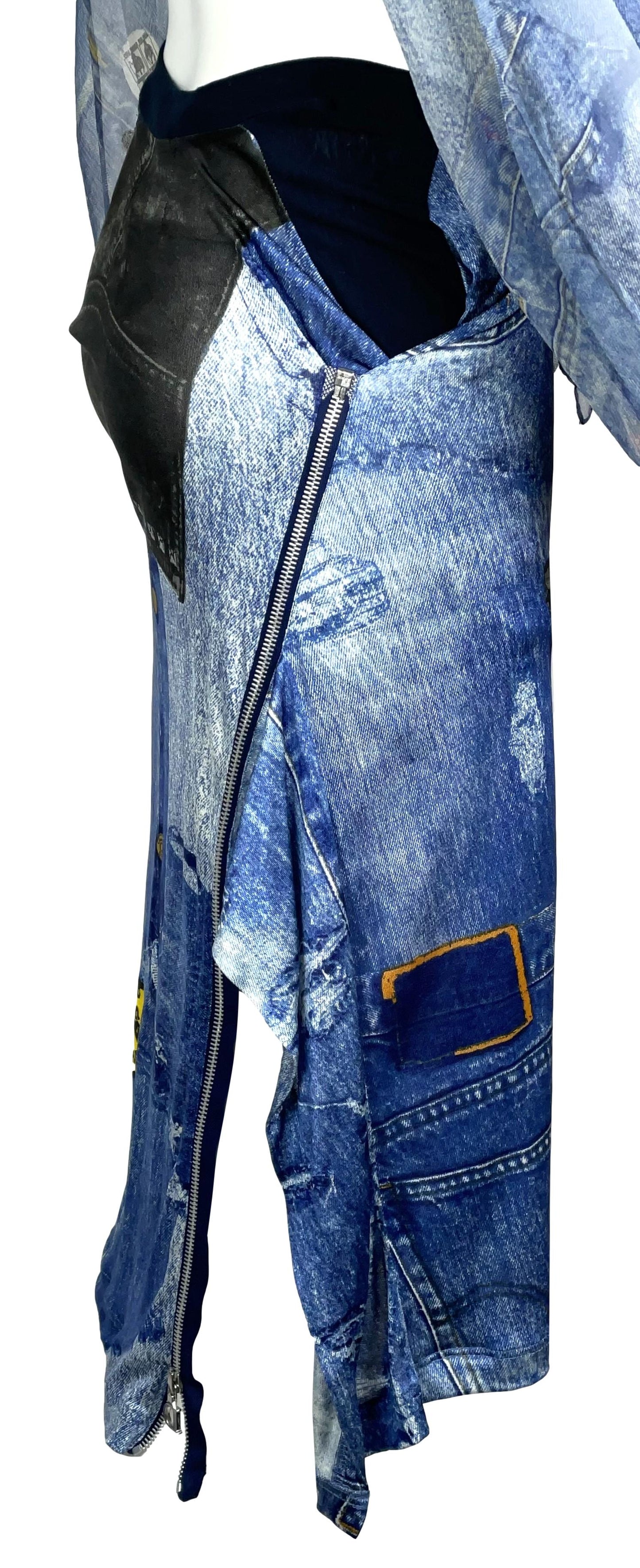 F/W 2001 Christian Dior by John Galliano Trompe L'oeil Sheer Blue Silk Denim Print Crop Top & Zipper Skirt