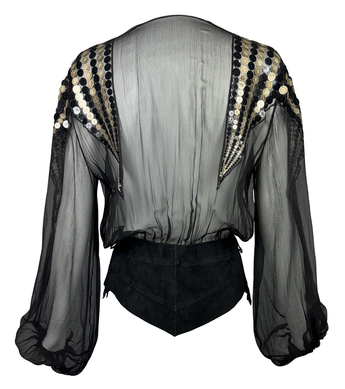 F/W 2001 Christian Dior by John Galliano Sheer Black Plunging Silk Gypsy Leather Waist Top