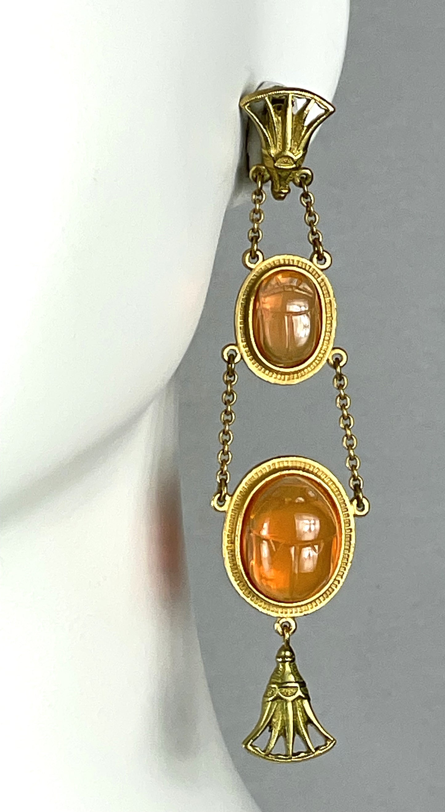 F/W 2001 Christian Dior by John Galliano Long Gold & Orange Egyptian Scarab Earrings