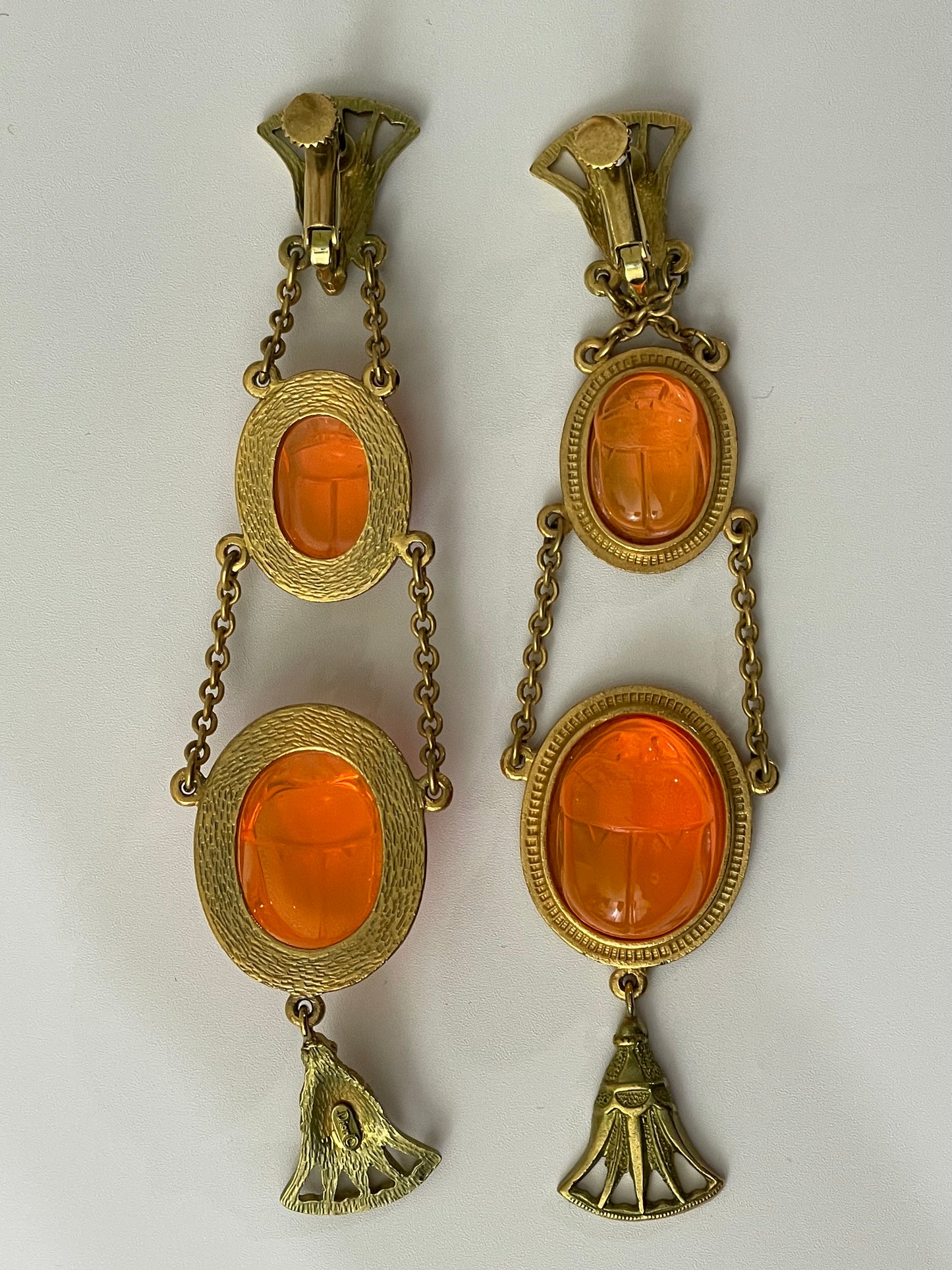 F/W 2001 Christian Dior by John Galliano Long Gold & Orange Egyptian Scarab Earrings