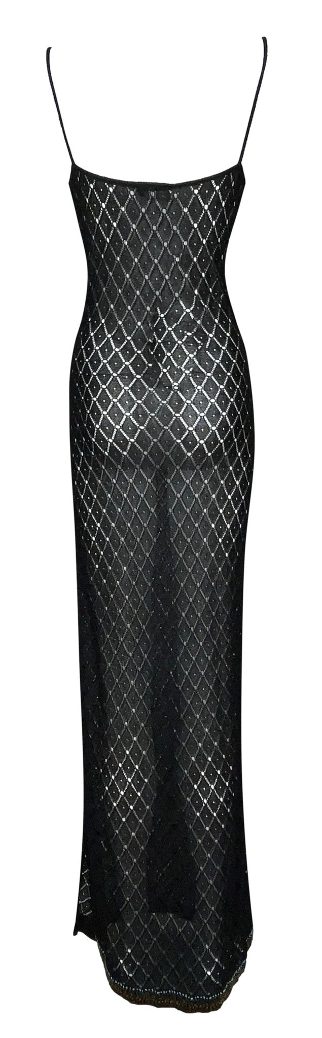 F/W 2001 Christian Dior by John Galliano Sheer Black Knit Rainbow Beaded Maxi Dress