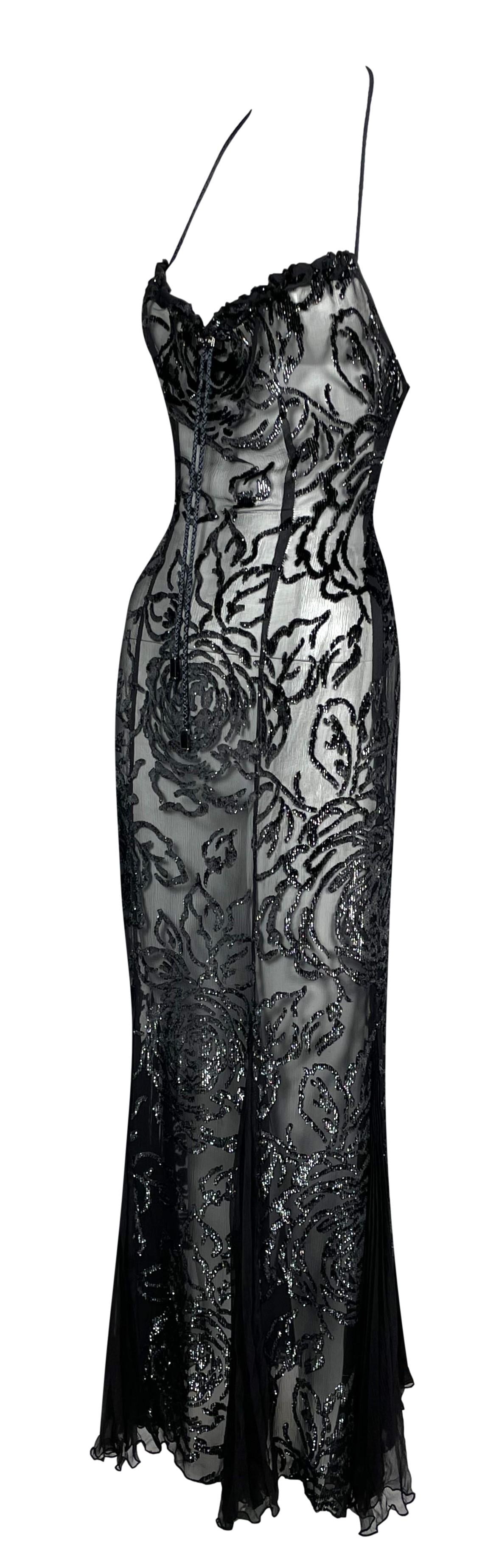 F/W 2001 Christian Dior by John Galliano Sheer Metallic Black Halter Drawstring Mermaid Maxi Dress