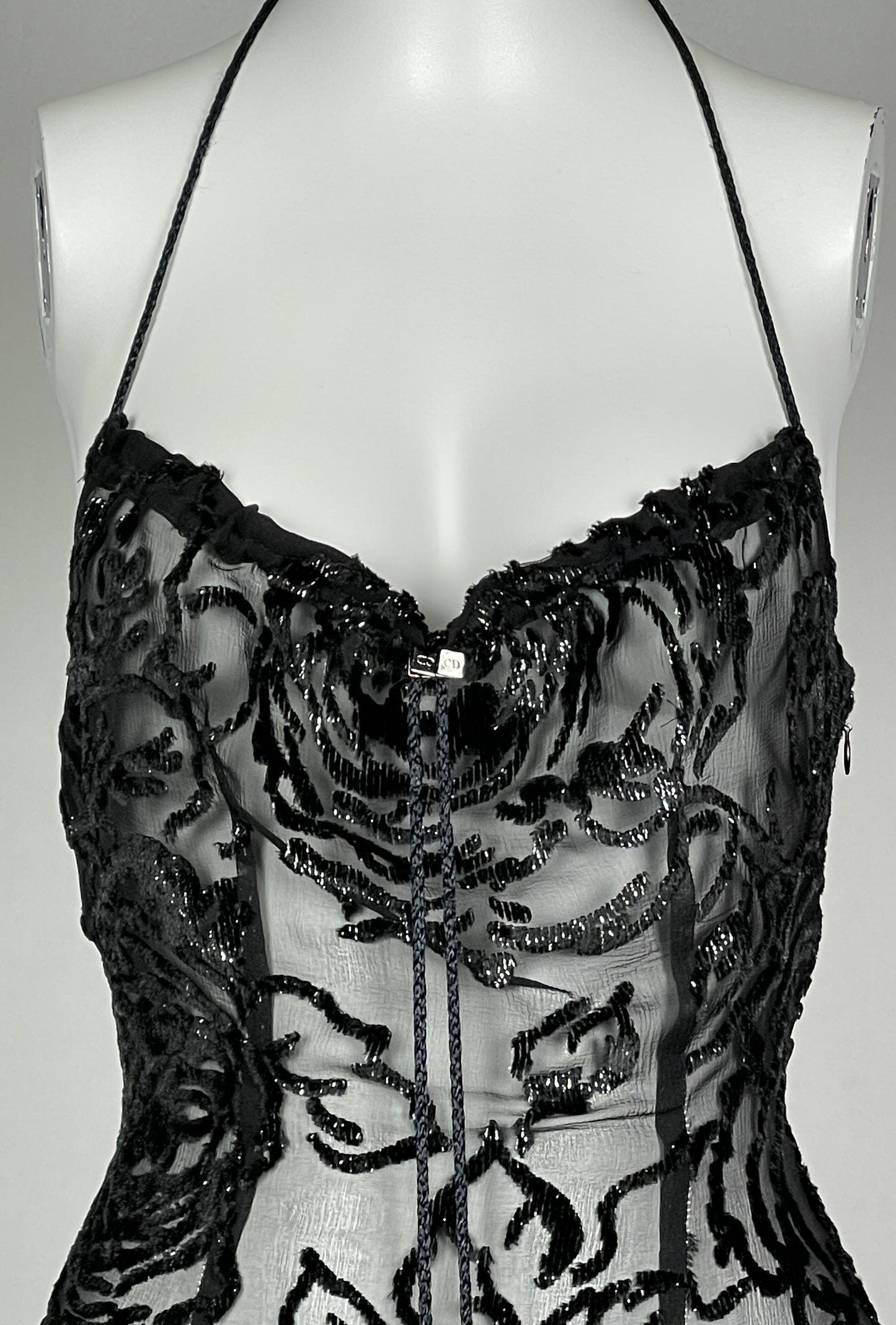 F/W 2001 Christian Dior by John Galliano Sheer Metallic Black Halter Drawstring Mermaid Maxi Dress