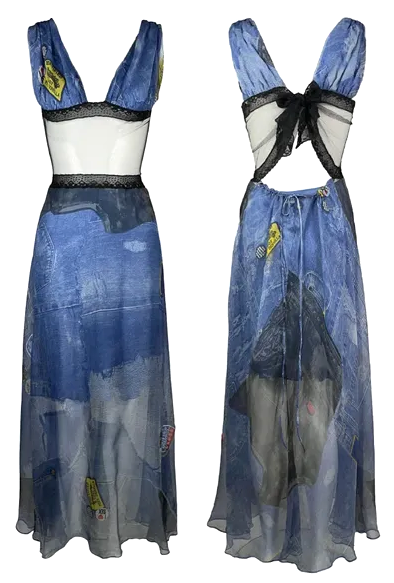 F/W 2001 Christian Dior by John Galliano Sheer Blue Silk & Black Mesh Lace Maxi Dress 40