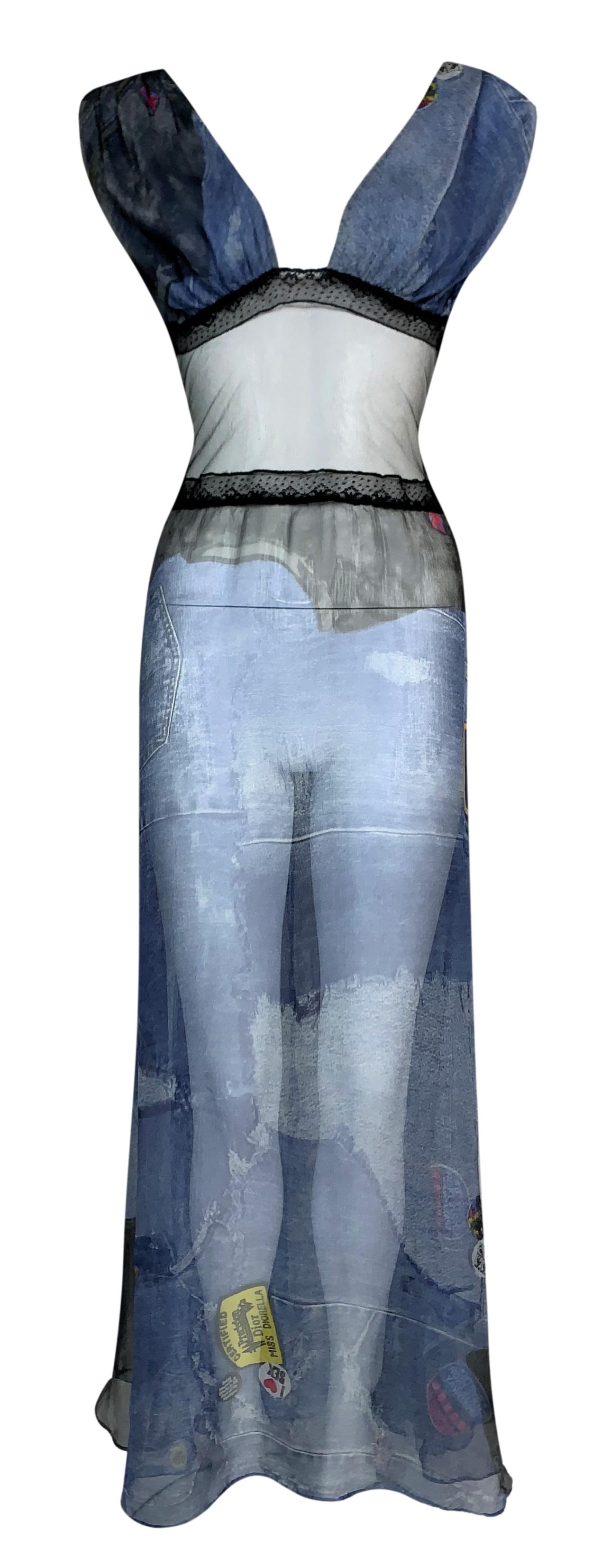 F/W 2001 Christian Dior by John Galliano Sheer Blue Silk & Black Mesh Lace Maxi Dress 40