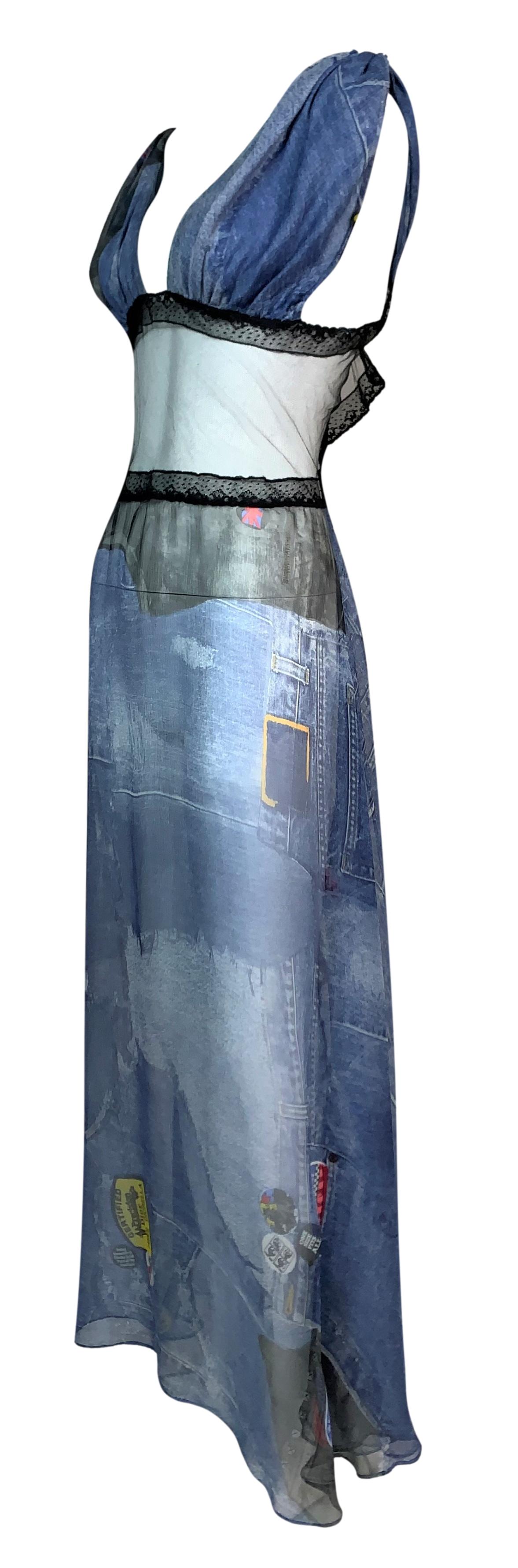 F/W 2001 Christian Dior by John Galliano Sheer Blue Silk & Black Mesh Lace Maxi Dress 40
