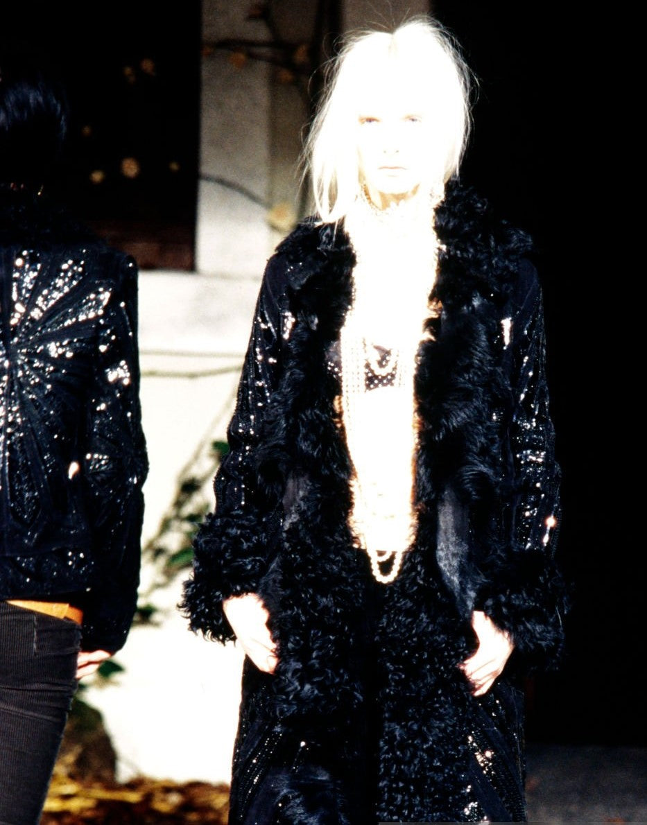 F/W 2001 Dolce & Gabbana Runway Black Leather Shearling Fur Embellished Long Coat