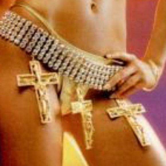 F/W 2001 Fausto Puglisi RARE Runway Huge Crystal Crucifix Cross Chain Belt & Mink Fur Choker Jacket