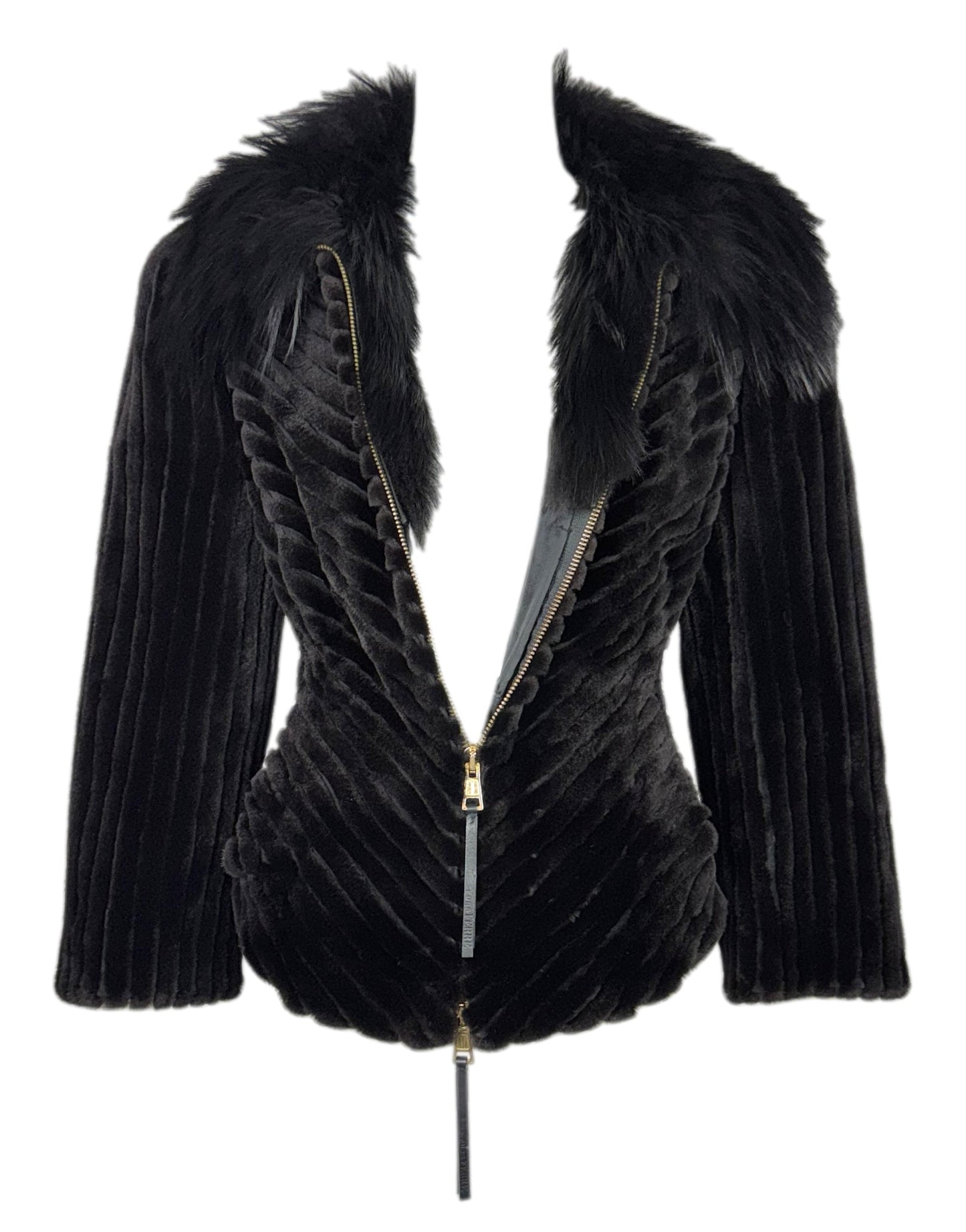 F/W 2001 Gianfranco Ferre Black Mink & Fox Fur Fitted Wasp Waist Short Peplum Jacket