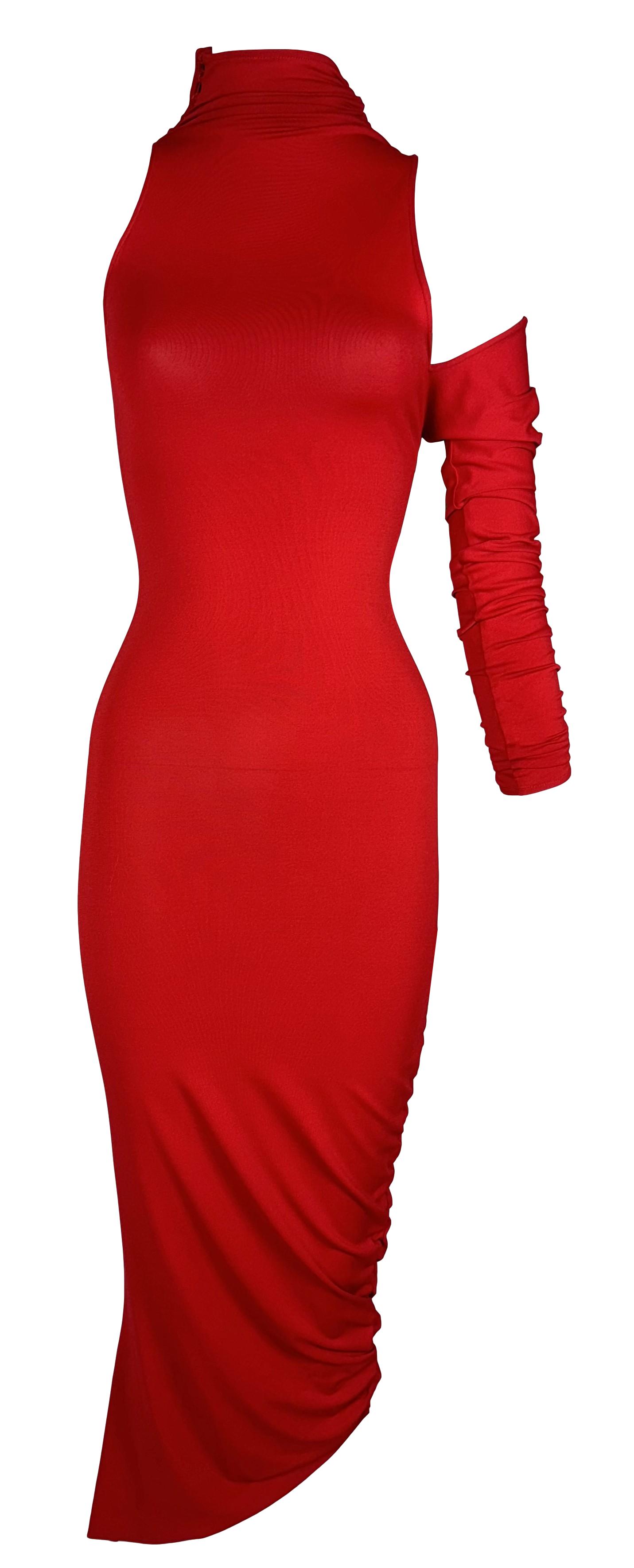 Unworn F/W 2001 Gianfranco Ferre Red Bodycon Ruched One Arm Wiggle Dress