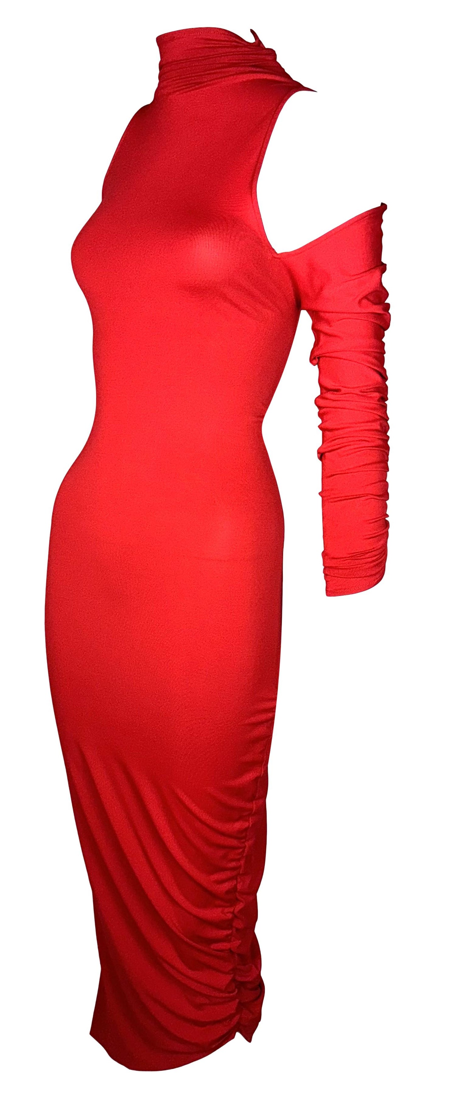 Unworn F/W 2001 Gianfranco Ferre Red Bodycon Ruched One Arm Wiggle Dress