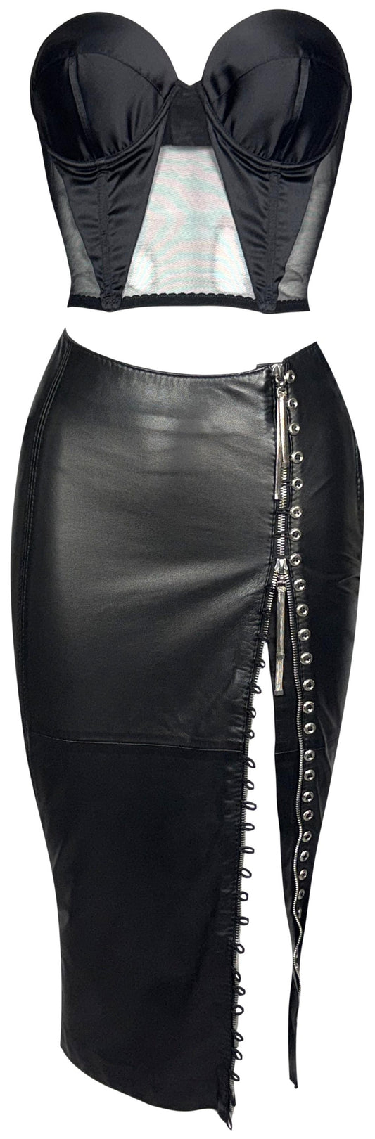 F/W 2001 Gianfranco Ferre Sexy Bondage Rock Chic Black Leather Wiggle Skirt w High Zipper Slits & Strapless Bustier Crop Top Set