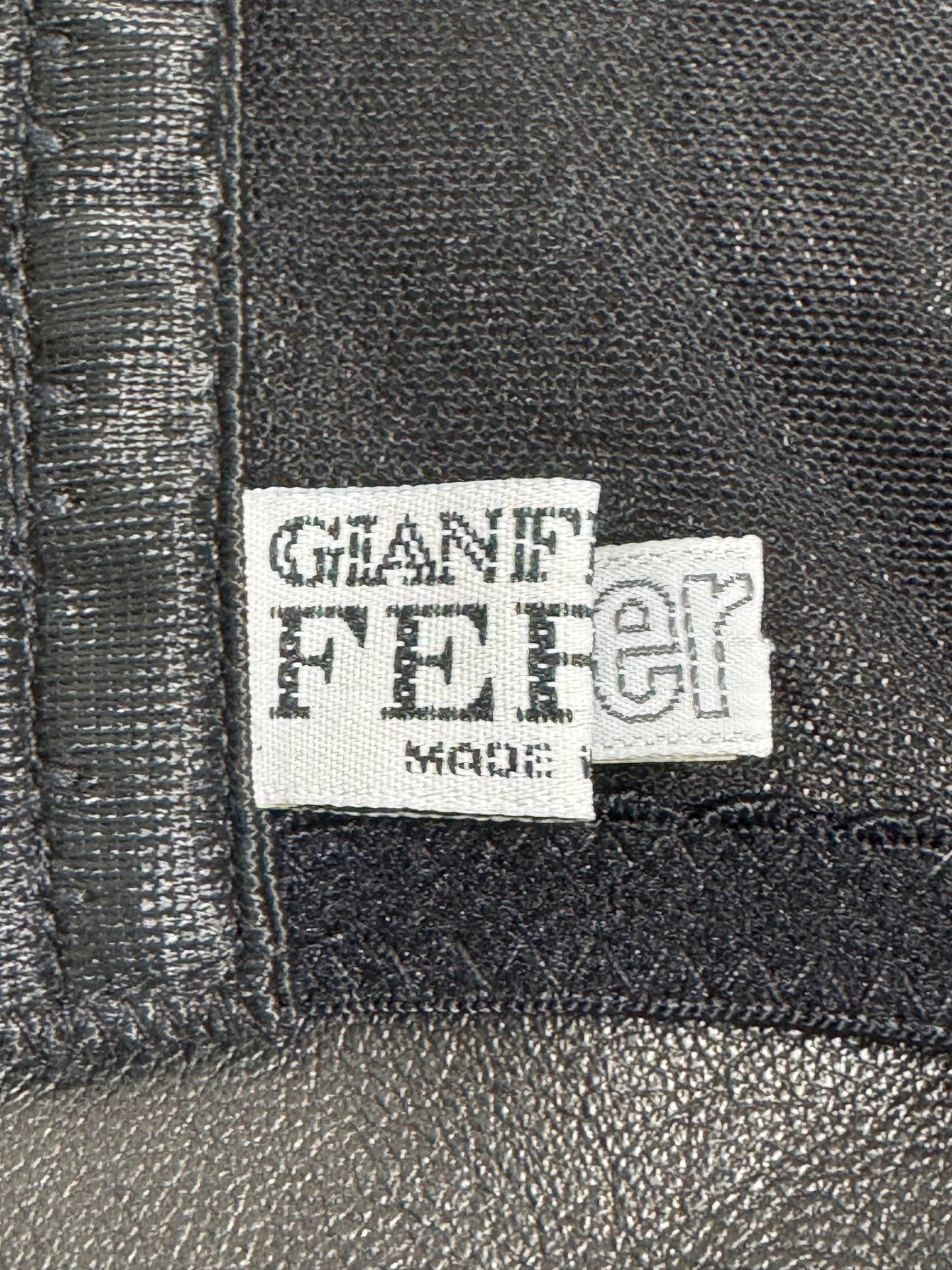 F/W 2001 Gianfranco Ferre Sexy Bondage Rock Chic Black Leather Wiggle Skirt w High Zipper Slits & Strapless Bustier Crop Top Set