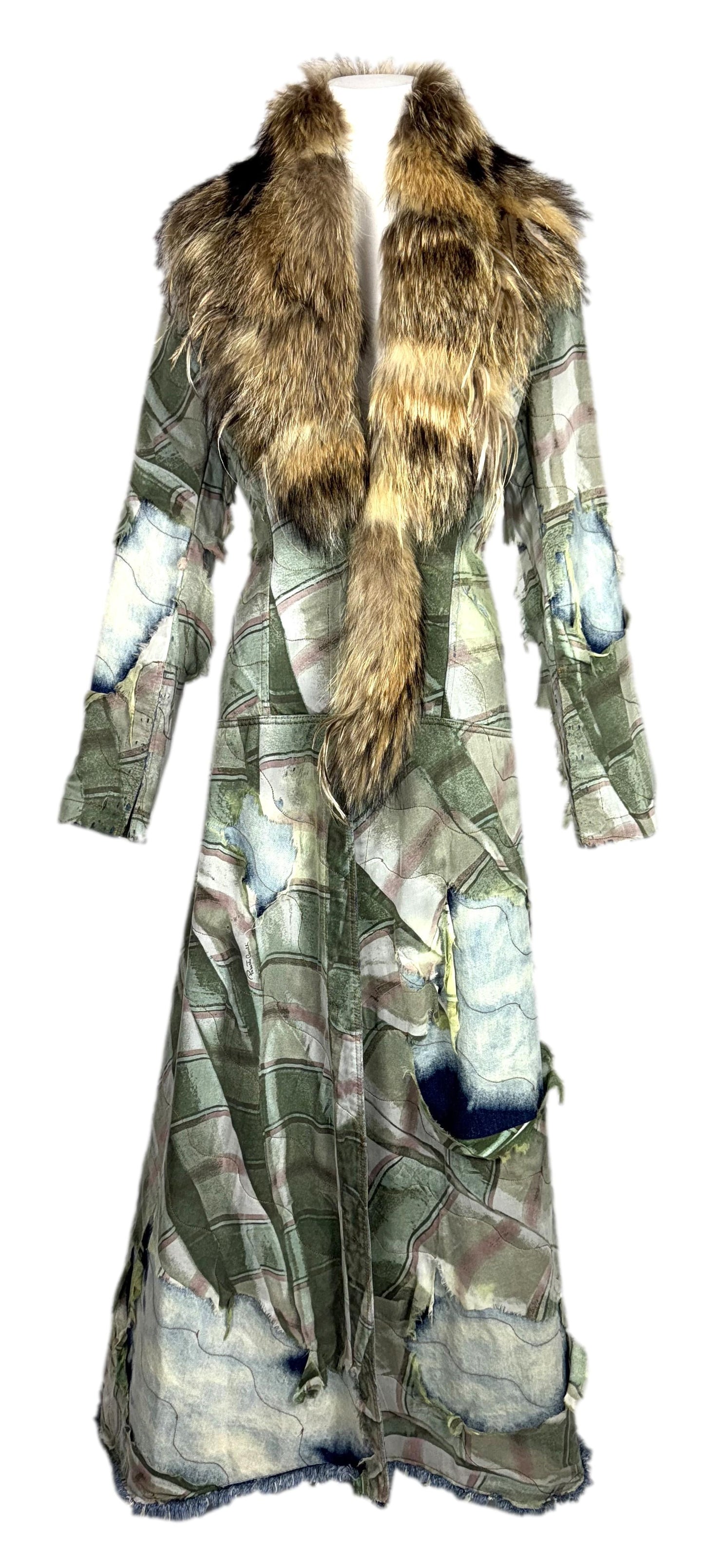 F/W 2001 Roberto Cavalli Runway Distressed Denim & Fur & Feathers Long Coat Dress