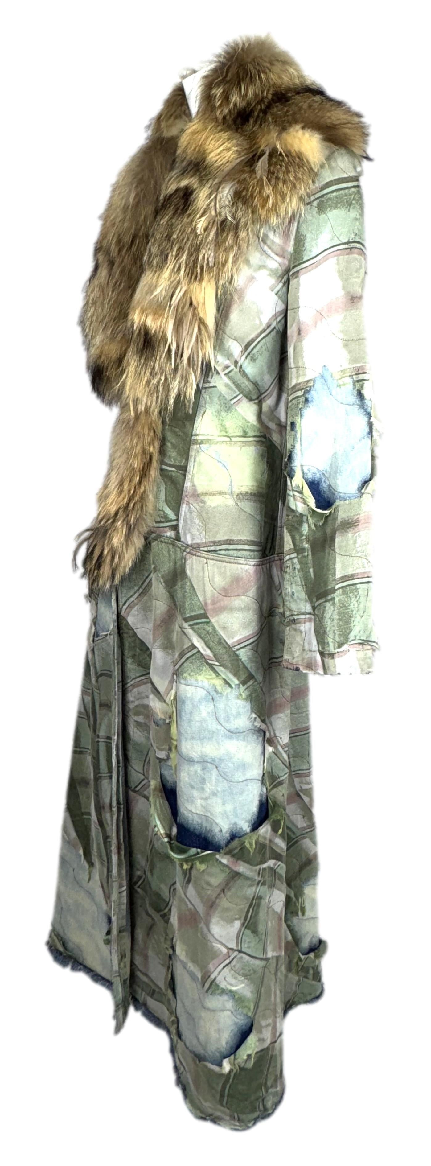 F/W 2001 Roberto Cavalli Runway Distressed Denim & Fur & Feathers Long Coat Dress
