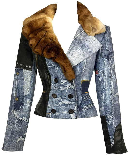 F/W 2001 Christian Dior x John Galliano Trompe L'oeil Fur Collar Denim Look Logo Diorella Fitted Jacket