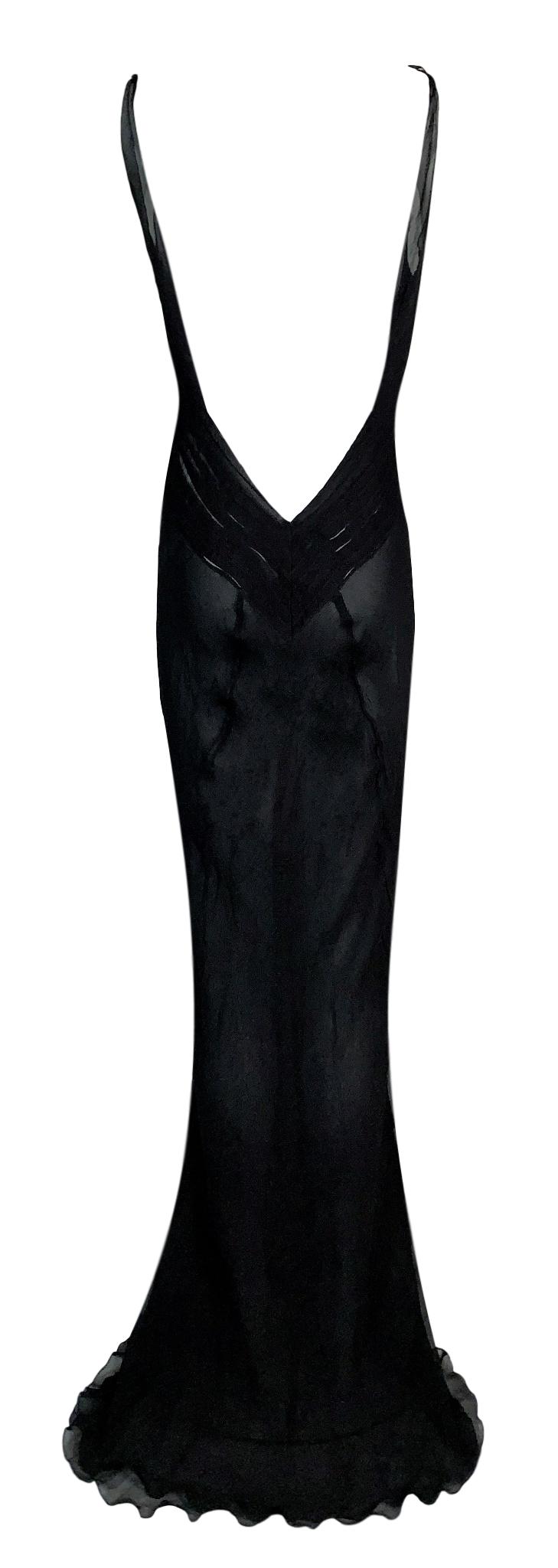 2001 Gucci by Tom Ford Plunging Sheer Black Silk Mermaid Gown Dress 42