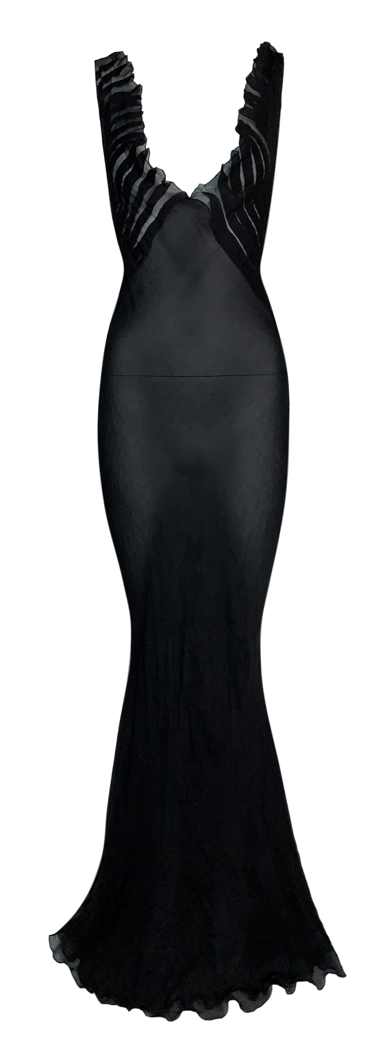 2001 Gucci by Tom Ford Plunging Sheer Black Silk Mermaid Gown Dress 42