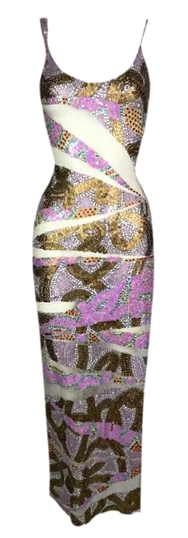 S/S 2001 Julien Macdonald Runway Sheer Mesh Purple Gold High Slit Maxi Dress