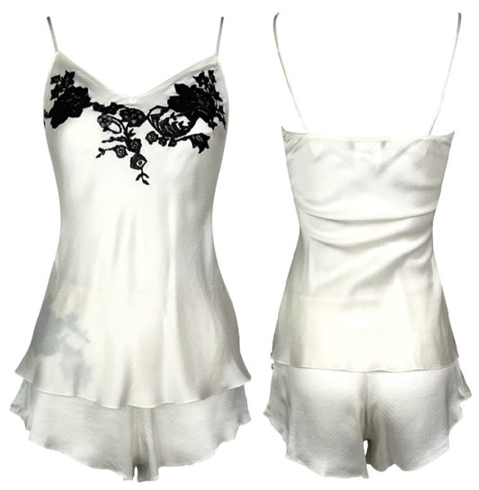 S/S 2001 Christian Dior by John Galliano Ivory Silk Black Lace Cami & Shorts Set