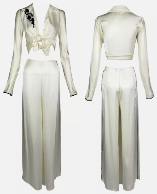 S/S 2001 Christian Dior by John Galliano Ivory Silk Black Lace Blouse Top & Wide Leg High Waist Pants Set