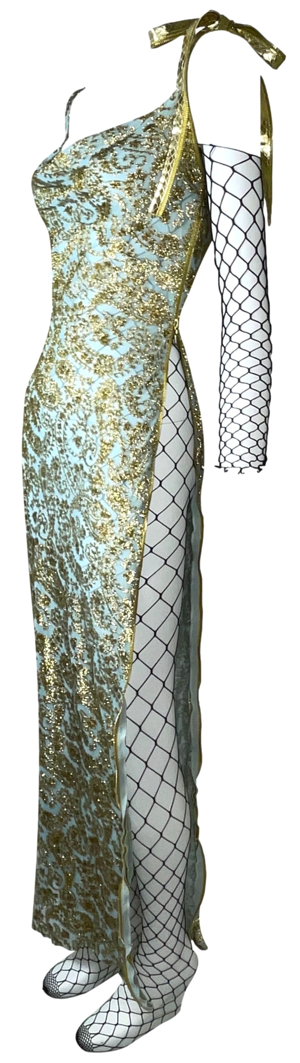 S/S 2001 Christian Dior by John Galliano Runway Blue & Gold Dress Snakeskin Zipper Dress & RARE Black Fishnet Jumpsuit