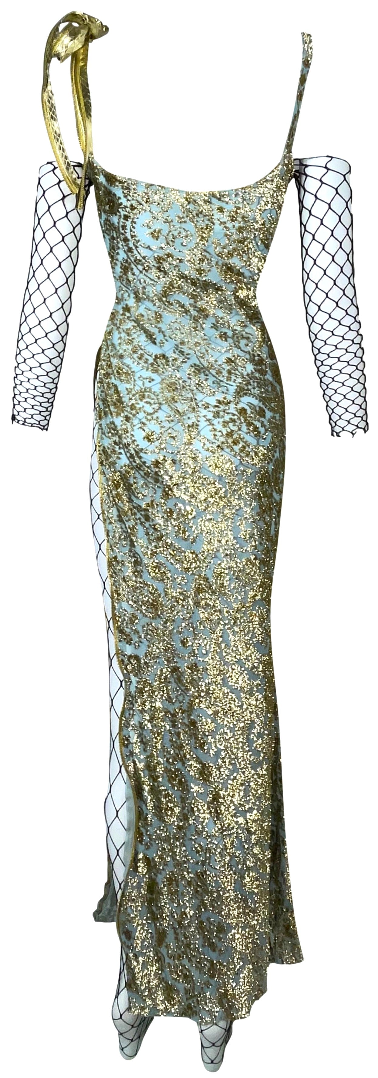 S/S 2001 Christian Dior by John Galliano Runway Blue & Gold Dress Snakeskin Zipper Dress & RARE Black Fishnet Jumpsuit
