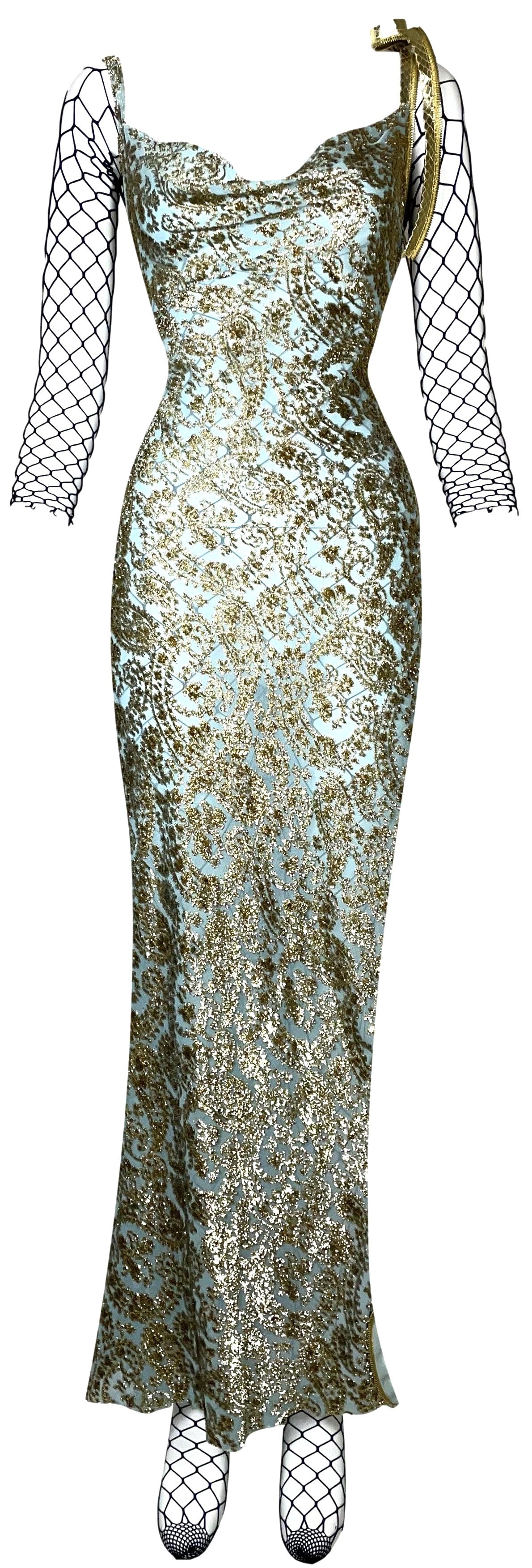 S/S 2001 Christian Dior by John Galliano Runway Blue & Gold Dress Snakeskin Zipper Dress & RARE Black Fishnet Jumpsuit
