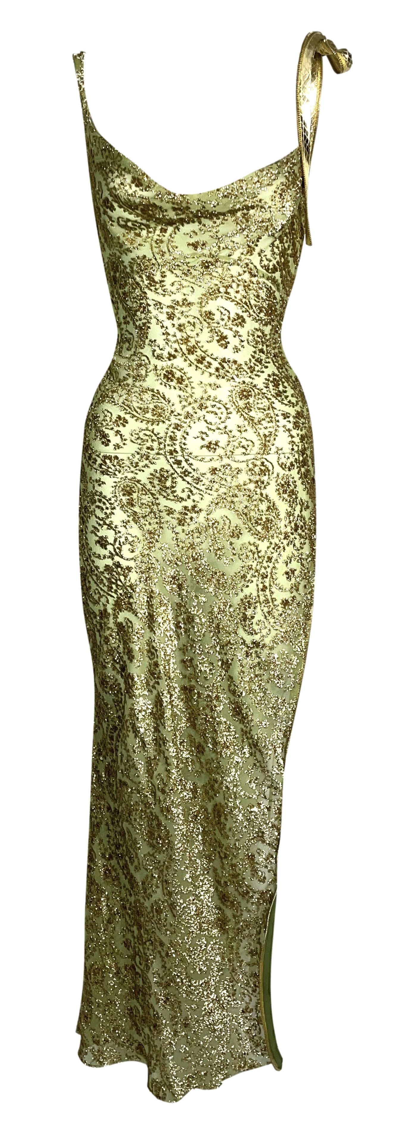 S/S 2001 Christian Dior by John Galliano Green & Gold Sheer Silk High Zipper Slit Gold Snakeskin Maxi Dress