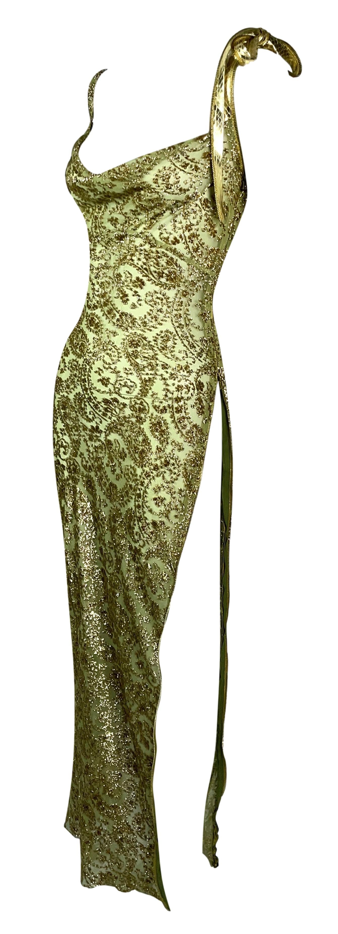 S/S 2001 Christian Dior by John Galliano Green & Gold Sheer Silk High Zipper Slit Gold Snakeskin Maxi Dress
