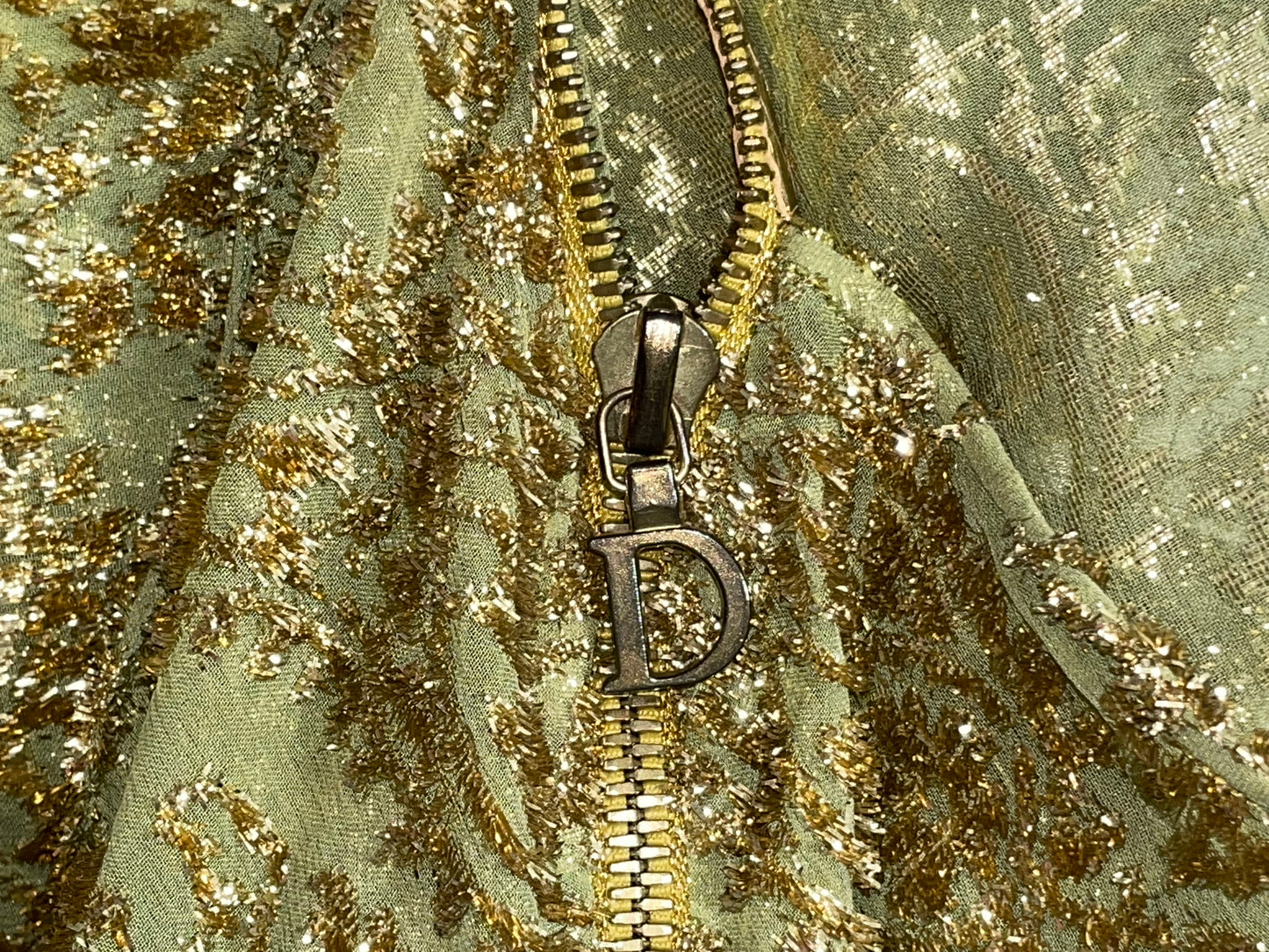 S/S 2001 Christian Dior by John Galliano Green & Gold Sheer Silk High Zipper Slit Gold Snakeskin Maxi Dress