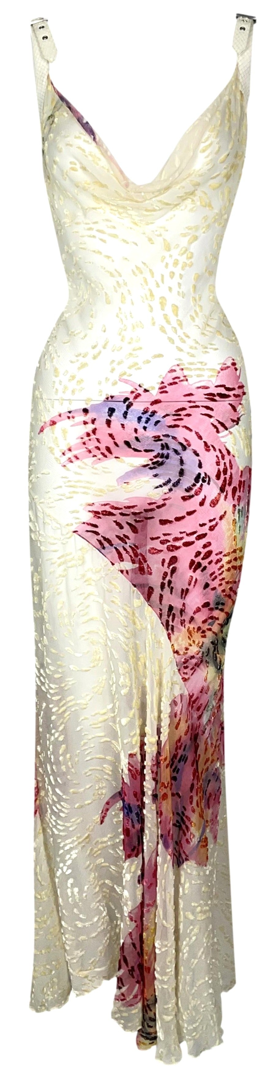 S/S 2001 Christian Dior by John Galliano Sheer Cream Silk Velvet Burnout Snakeskin Buckle Straps Maxi Dress