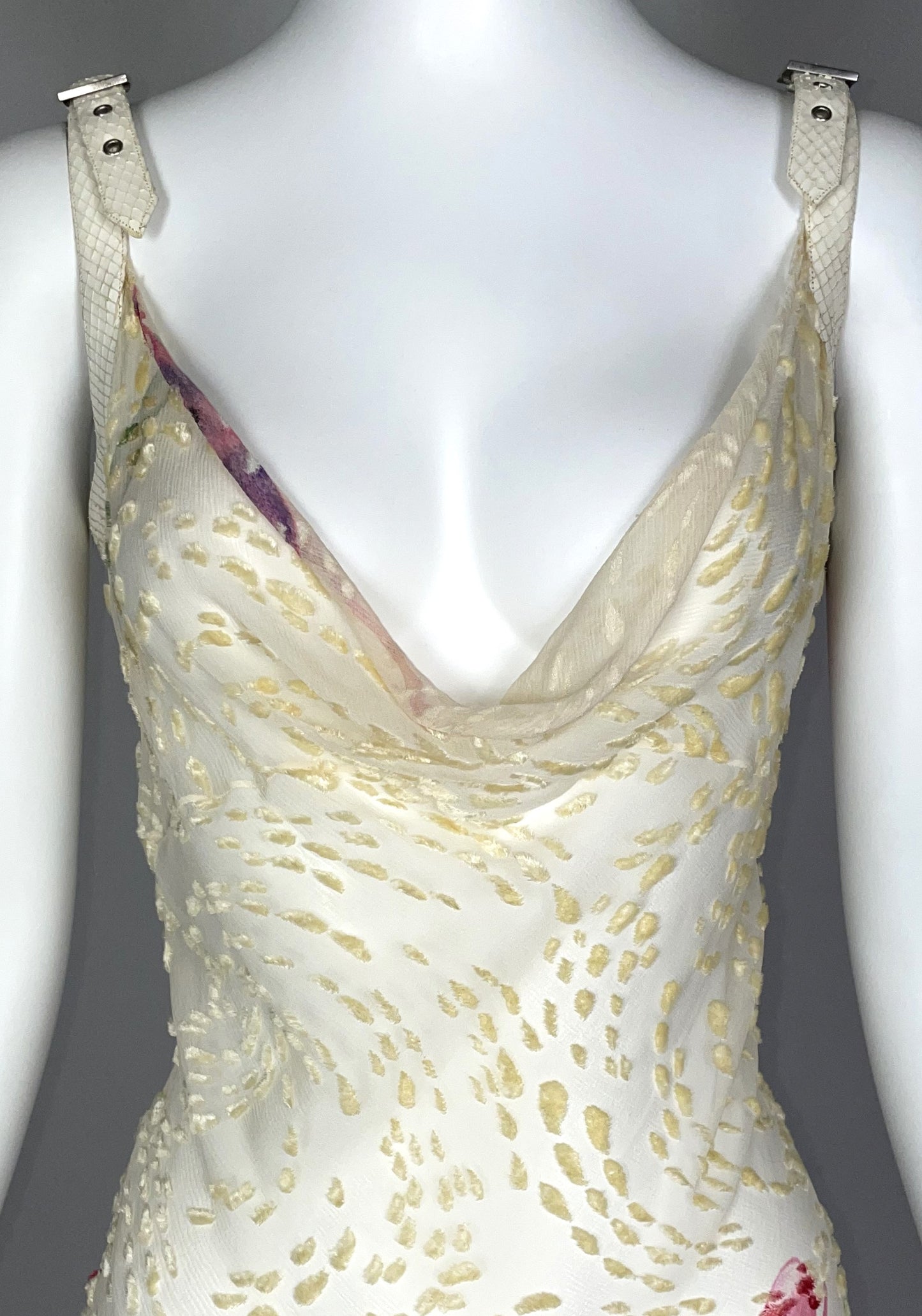 S/S 2001 Christian Dior by John Galliano Sheer Cream Silk Velvet Burnout Snakeskin Buckle Straps Maxi Dress