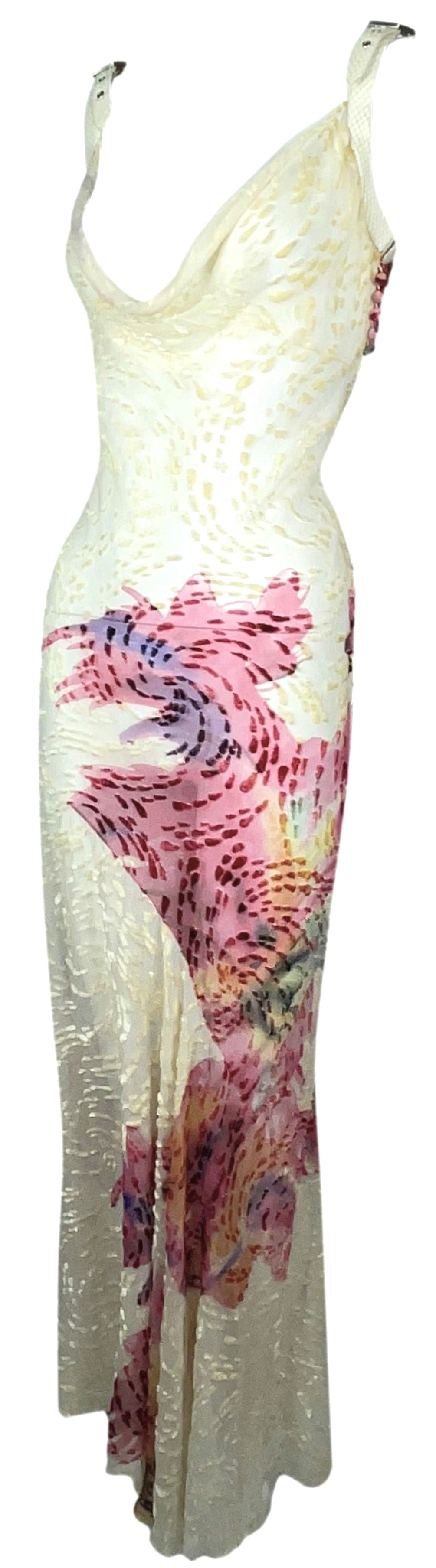 S/S 2001 Christian Dior by John Galliano Sheer Cream Silk Velvet Burnout Snakeskin Buckle Straps Maxi Dress