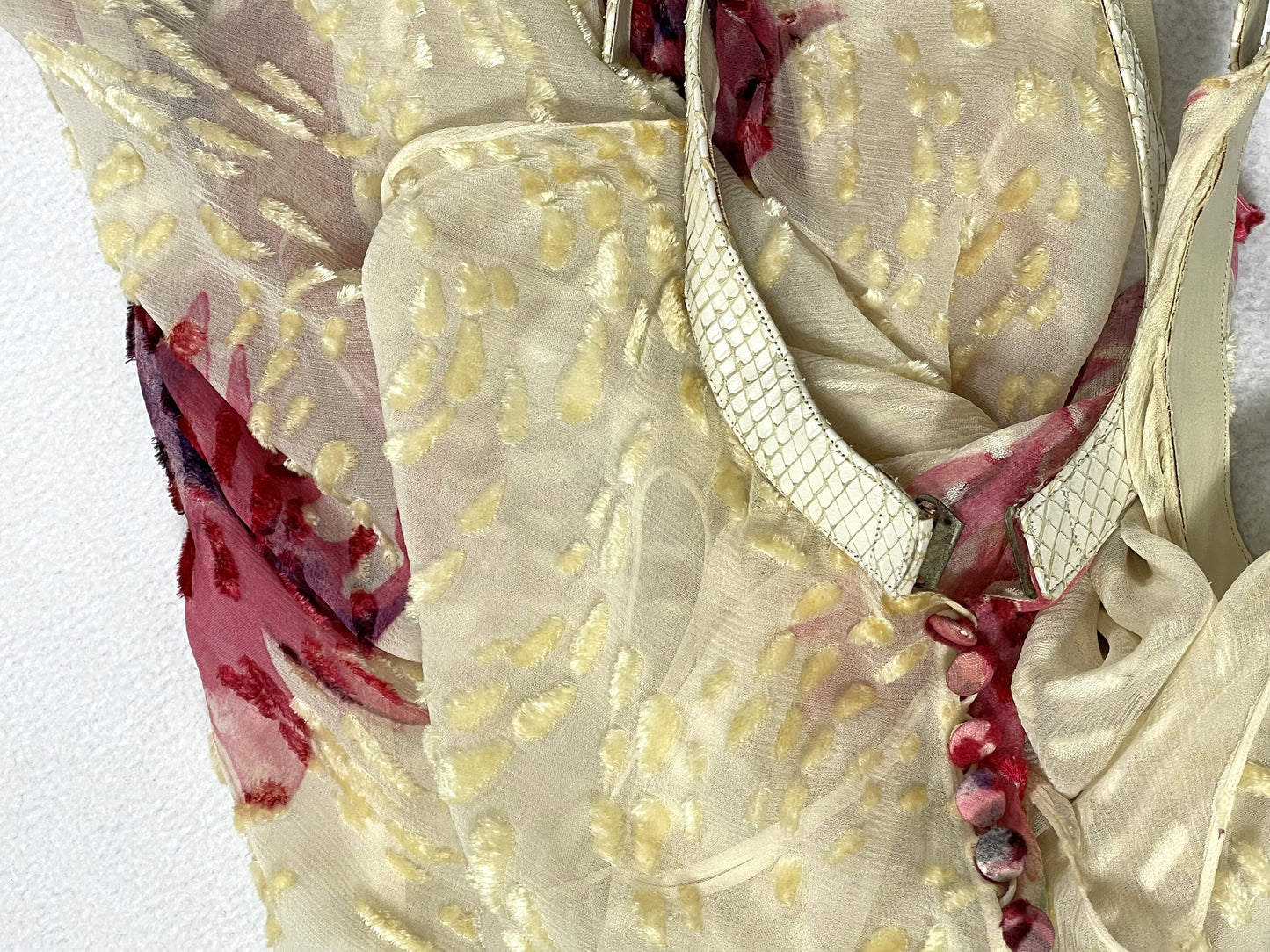 S/S 2001 Christian Dior by John Galliano Sheer Cream Silk Velvet Burnout Snakeskin Buckle Straps Maxi Dress