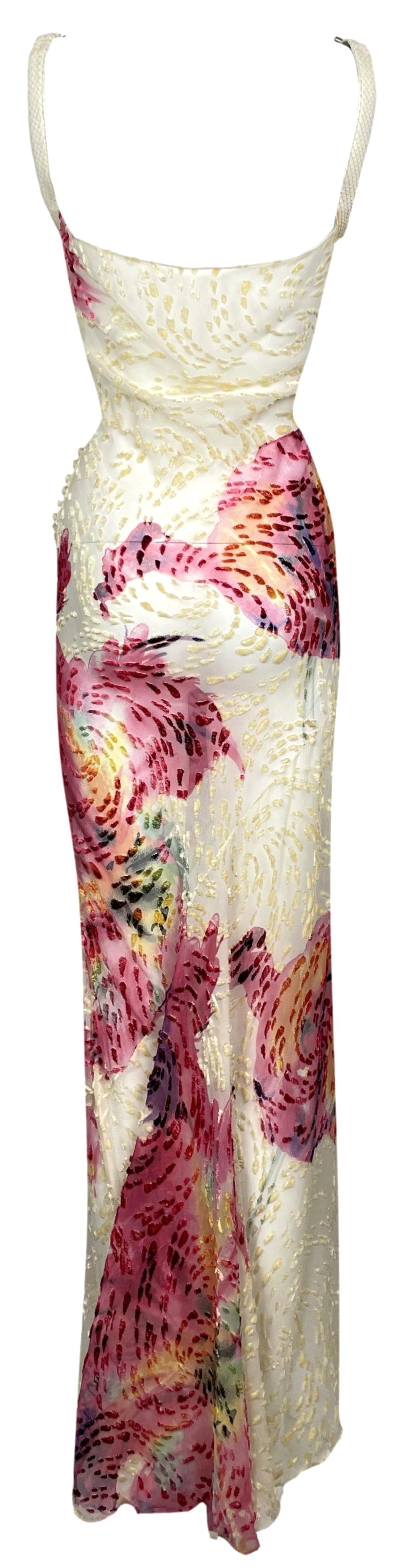 S/S 2001 Christian Dior by John Galliano Sheer Cream Silk Velvet Burnout Snakeskin Buckle Straps Maxi Dress