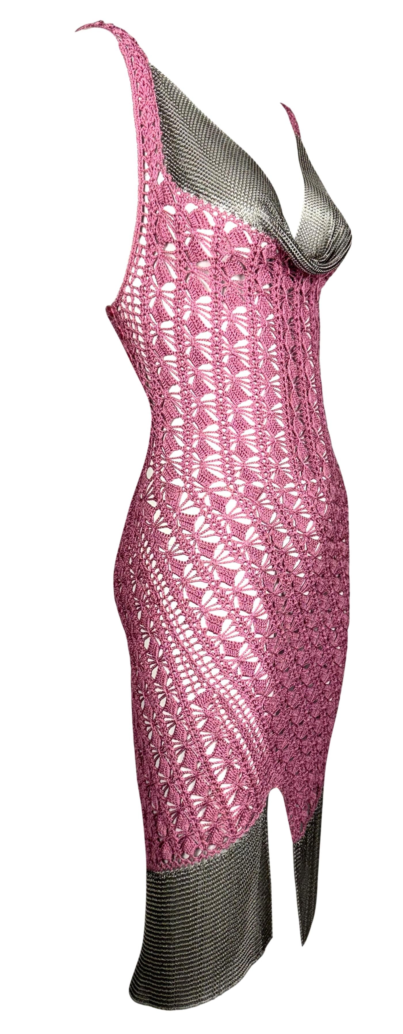 S/S 2001 Christian Dior by John Galliano Sheer Pink Knit Chainmail Asymmetrical Mini Dress