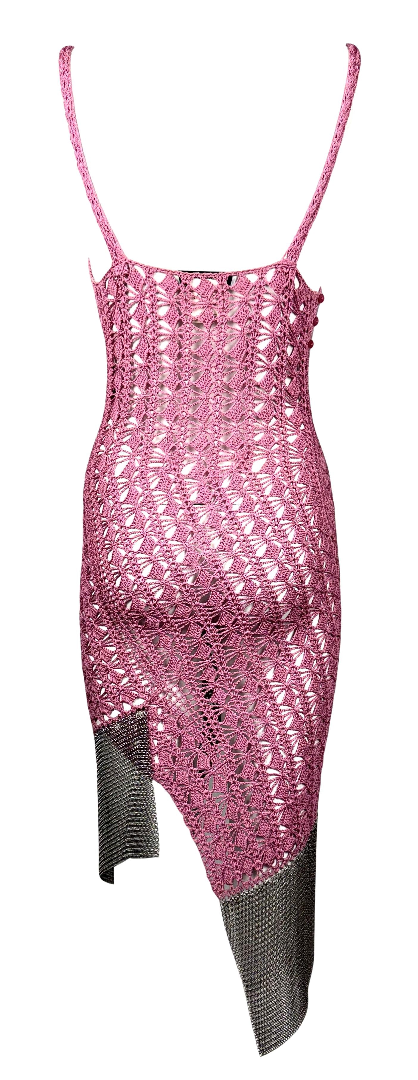 S/S 2001 Christian Dior by John Galliano Sheer Pink Knit Chainmail Asymmetrical Mini Dress