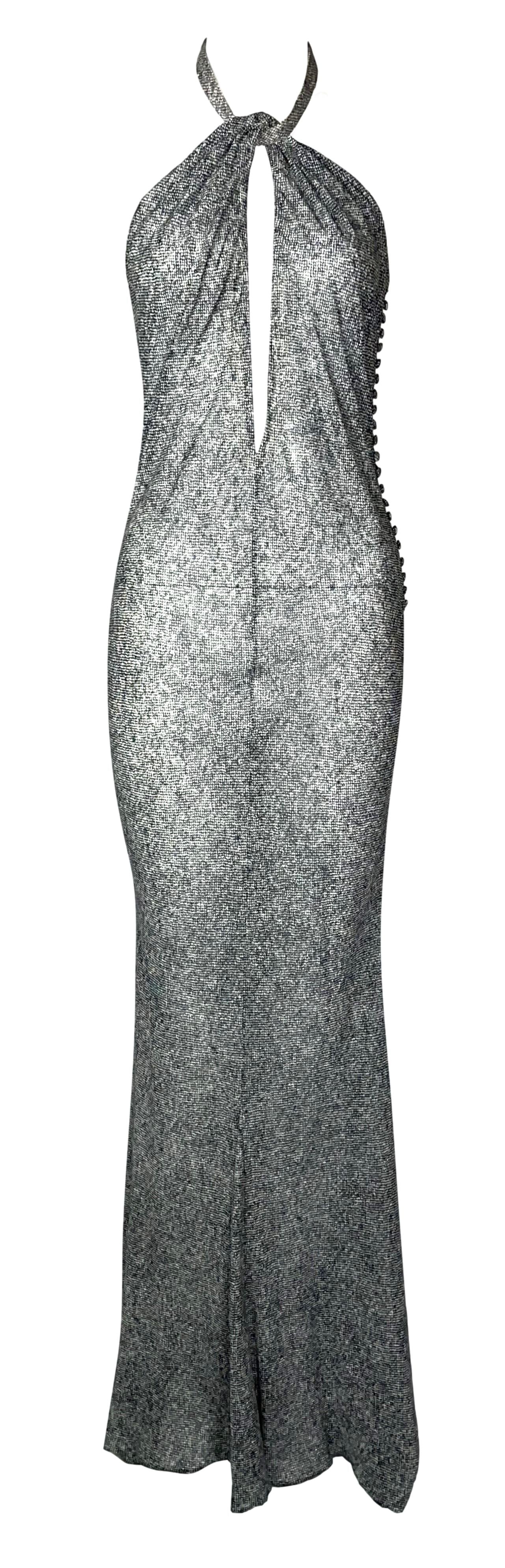 S/S 2001 Christian Dior by John Galliano Plunging Sheer Tweed Print Silk Gown Dress w Train