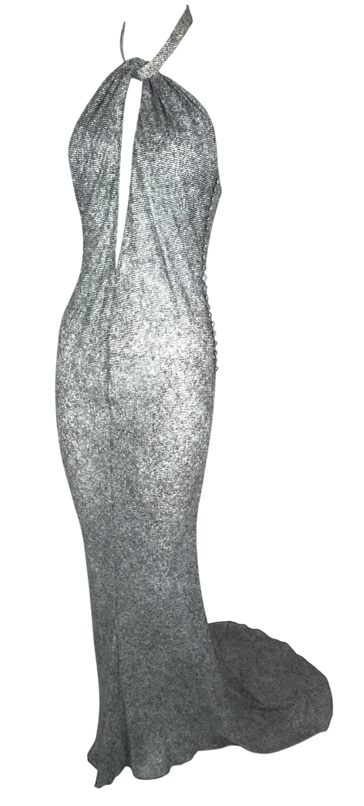 S/S 2001 Christian Dior by John Galliano Plunging Sheer Tweed Print Silk Gown Dress w Train