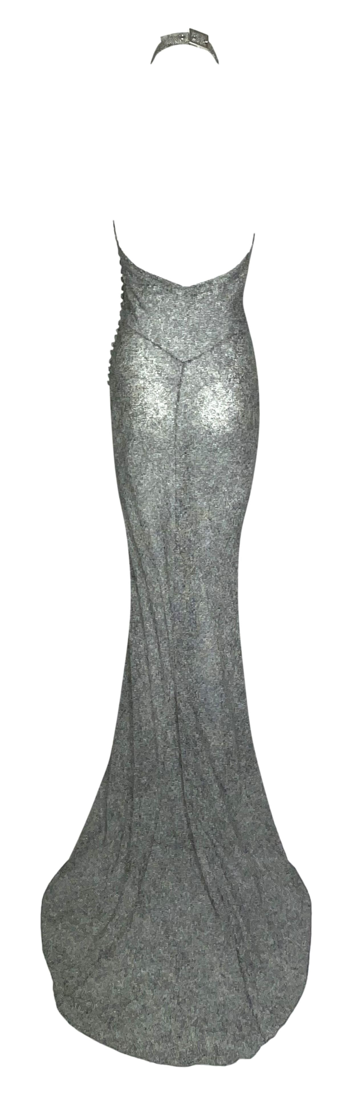 S/S 2001 Christian Dior by John Galliano Plunging Sheer Tweed Print Silk Gown Dress w Train