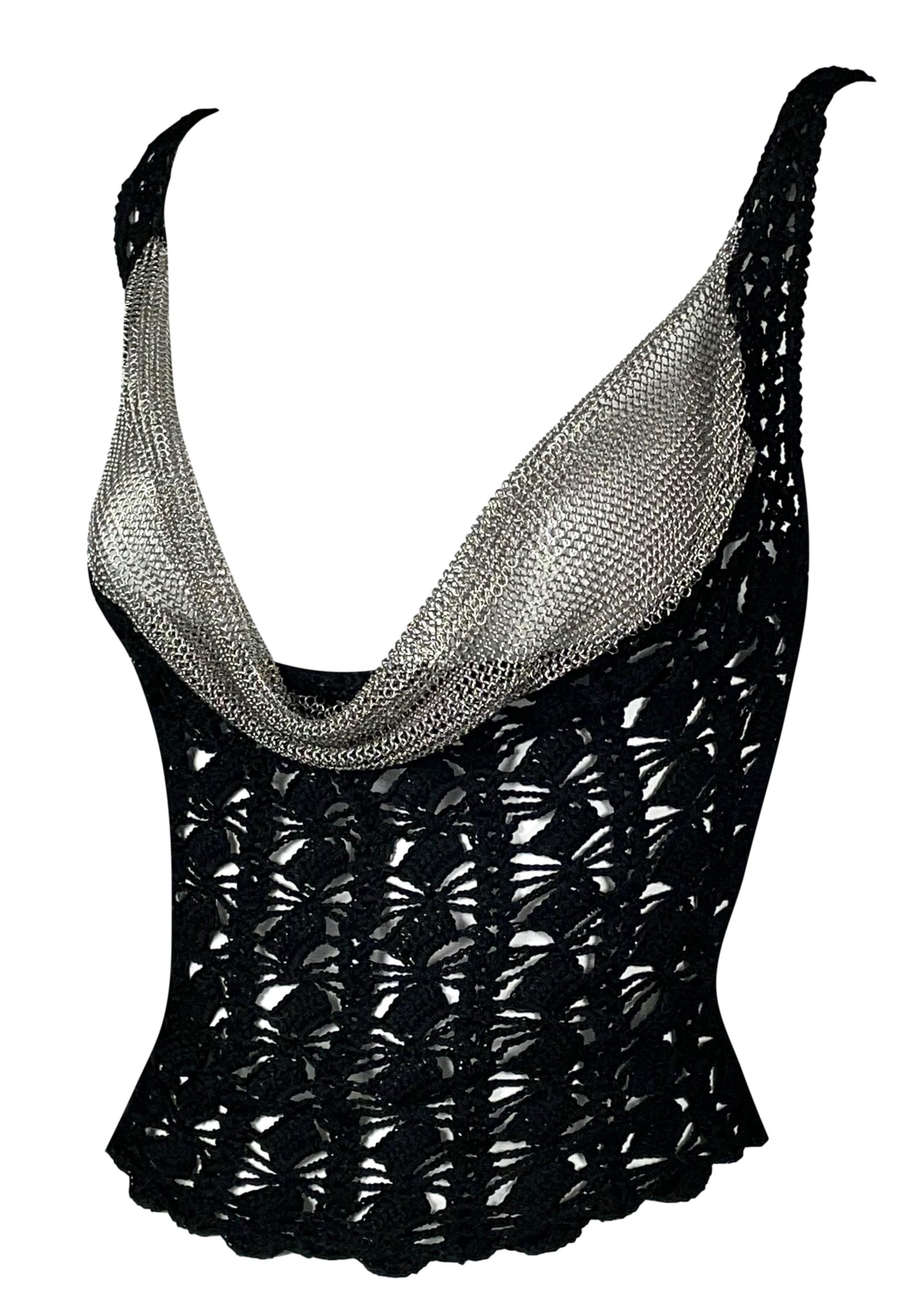S/S 2001 Christian Dior by John Galliano Sheer Black Knit & Silver Chainmail Metal Mesh Top
