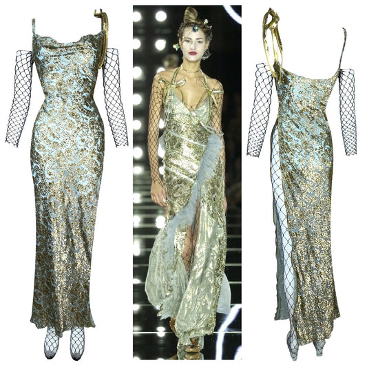 S/S 2001 Christian Dior by John Galliano Runway Blue & Gold Dress Snakeskin Zipper Dress & RARE Black Fishnet Jumpsuit