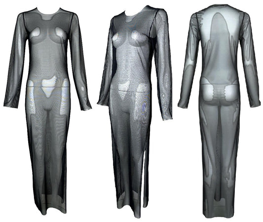 S/S 2001 Gucci by Tom Ford Sheer Black Stretch Mesh L/S Maxi Dress
