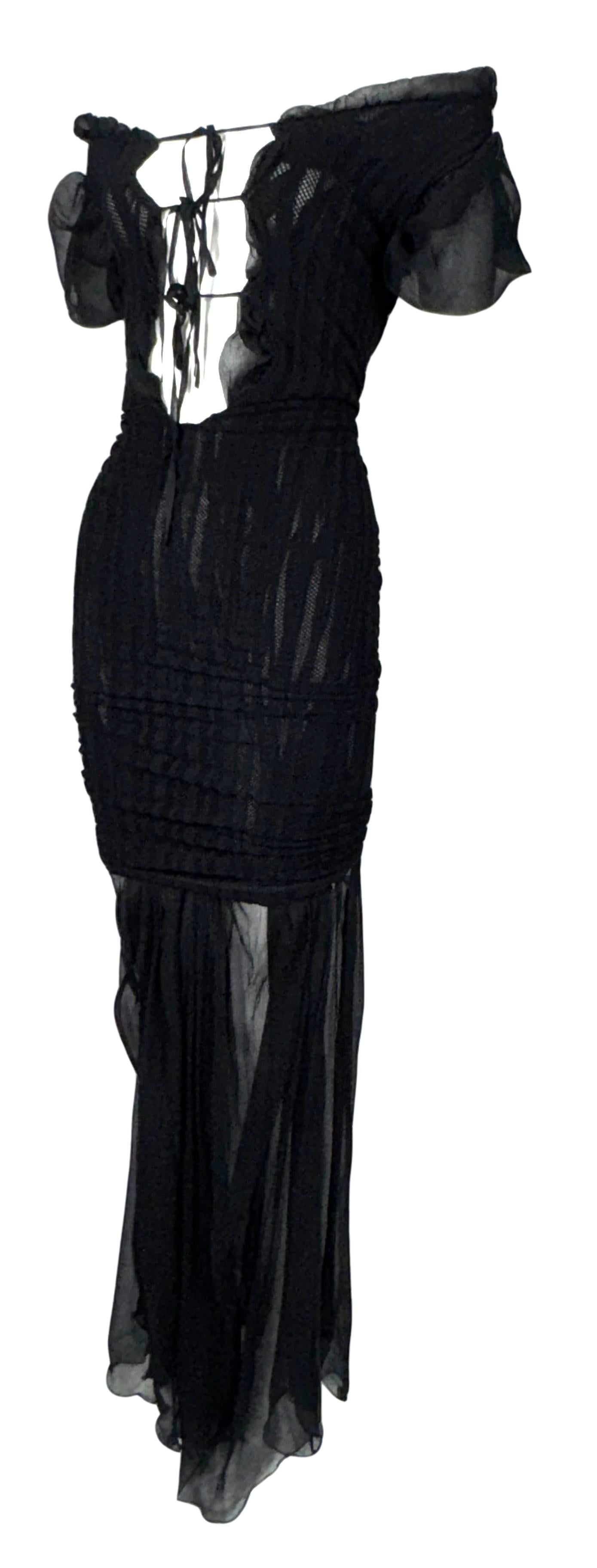 S/S 2001 Jean Paul Gaultier Runway Plunging Sheer Black Peasant Off Shoulder Maxi Dress