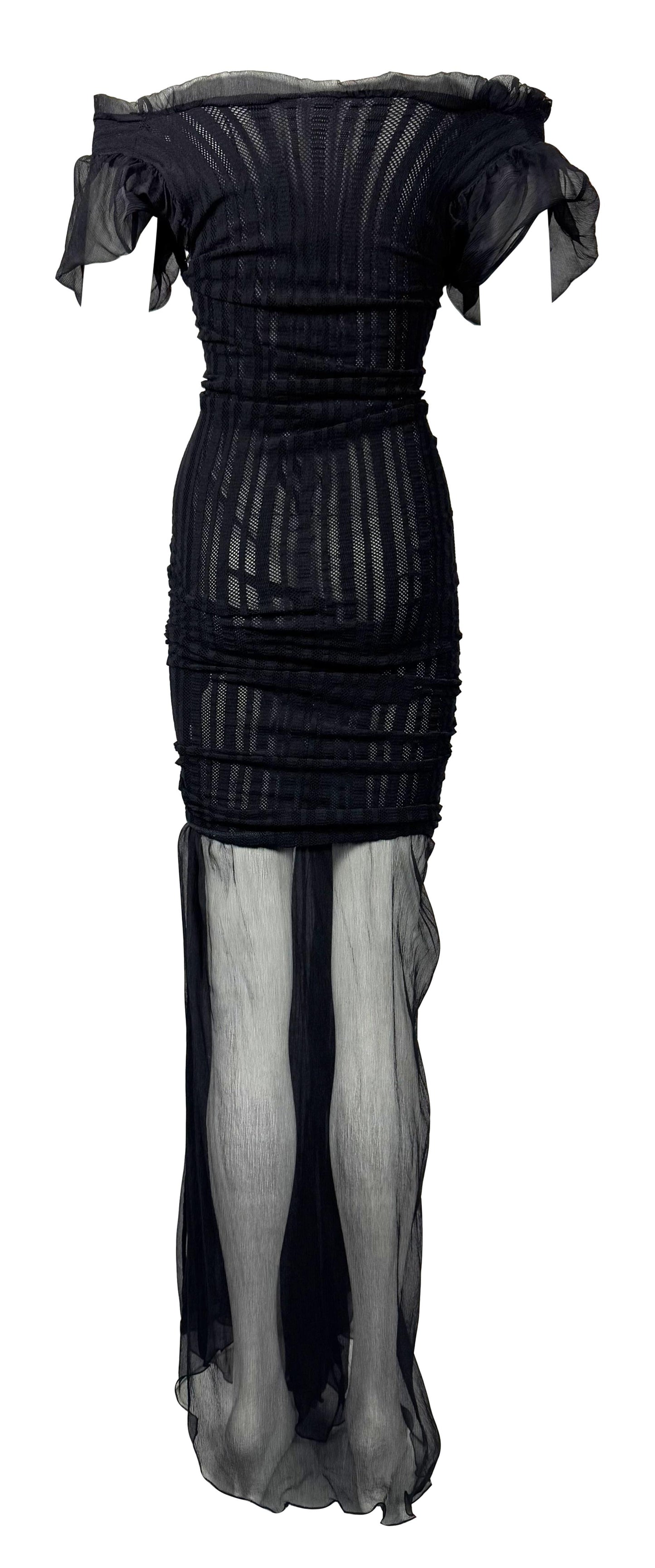 S/S 2001 Jean Paul Gaultier Runway Plunging Sheer Black Peasant Off Shoulder Maxi Dress