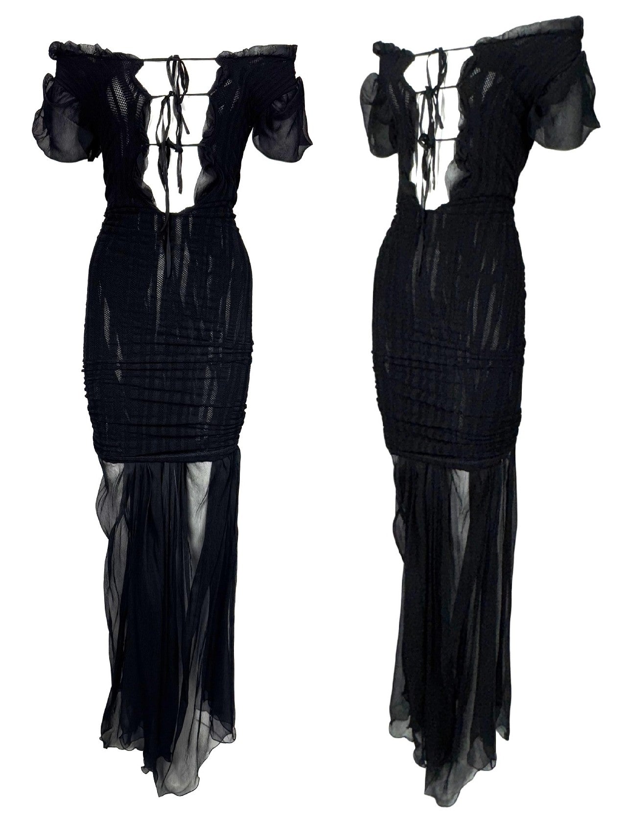 S/S 2001 Jean Paul Gaultier Runway Plunging Sheer Black Peasant Off Shoulder Maxi Dress