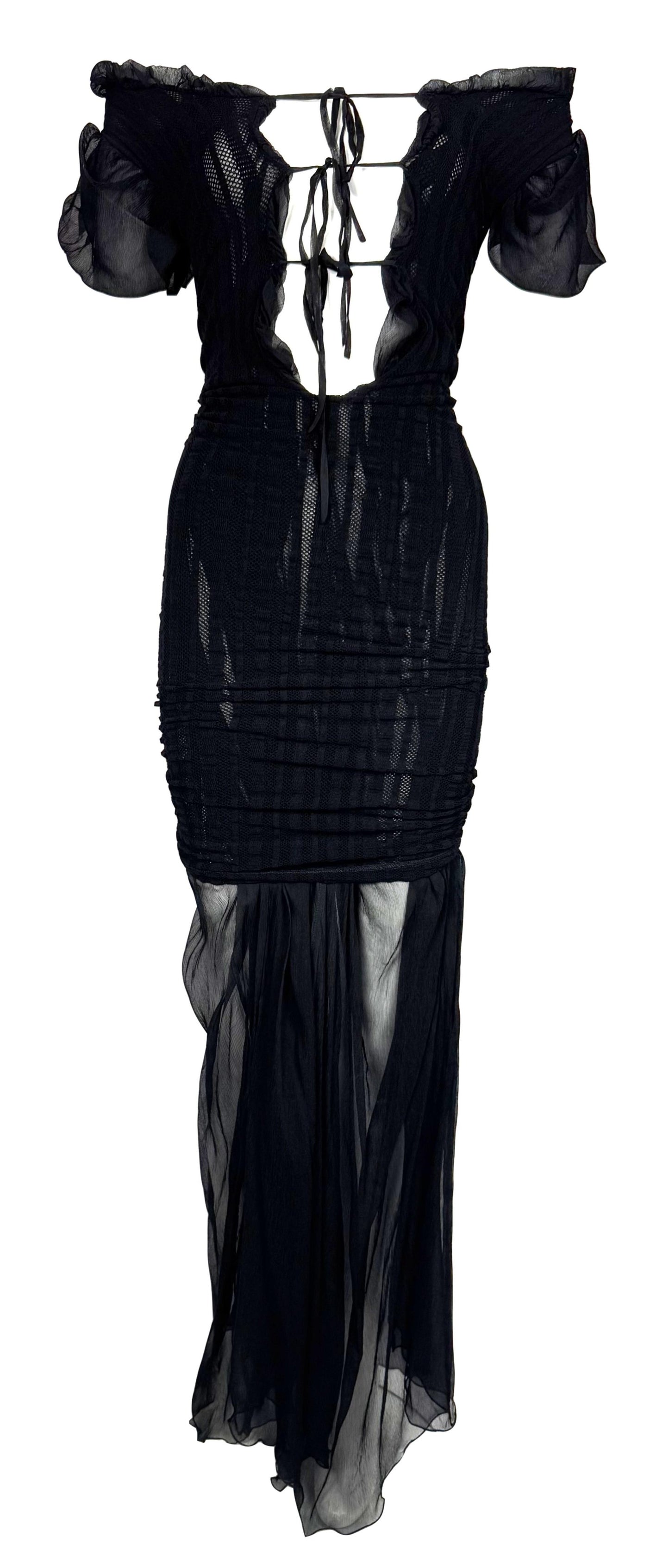 S/S 2001 Jean Paul Gaultier Runway Plunging Sheer Black Peasant Off Shoulder Maxi Dress