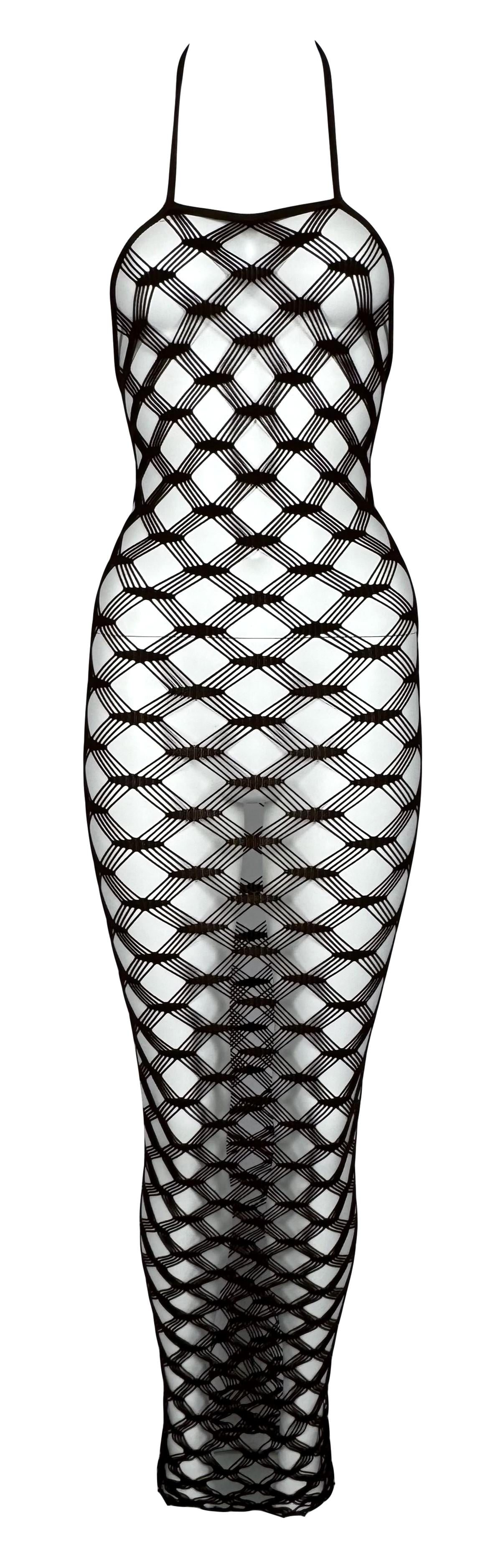 S/S 2001 Jean Paul Gaultier Sheer Brown Fishnet Halter Maxi Wiggle Dress